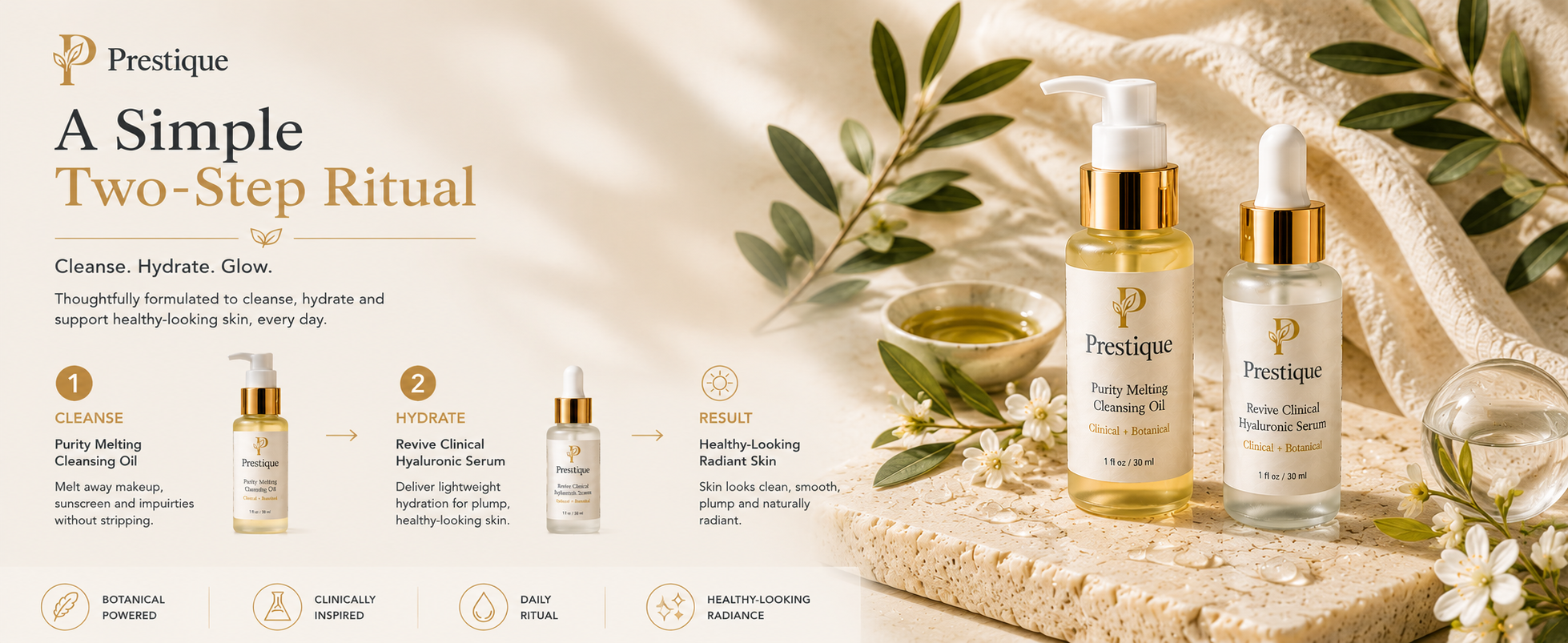 Prestique two-step ritual with cleansing oil and hyaluronic serum