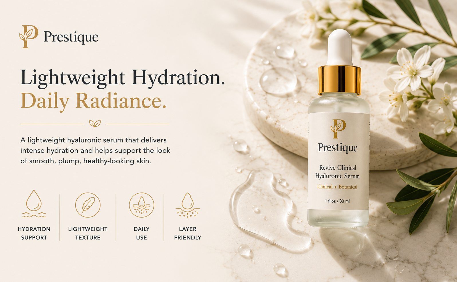 Prestique Revive Clinical Hyaluronic Serum bottle on cream stone with water droplets