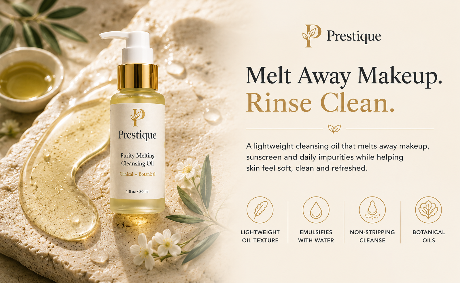 Prestique Purity Melting Cleansing Oil bottle with botanical oil texture