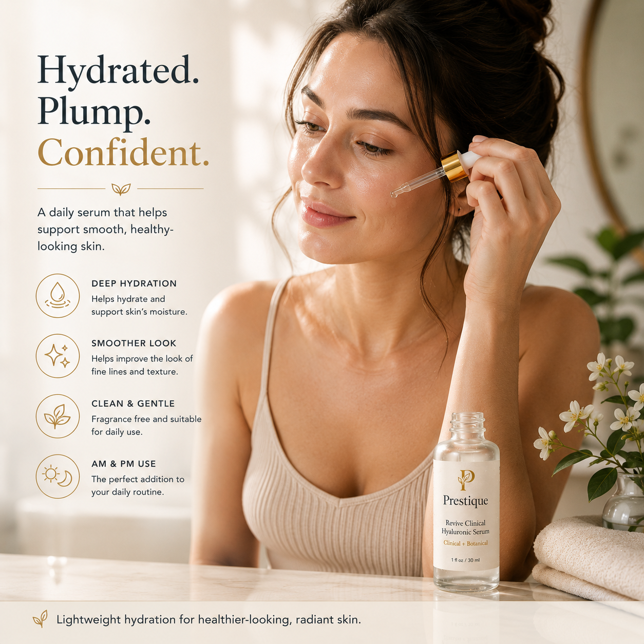 Woman applying Prestique hyaluronic serum in a warm natural bathroom setting