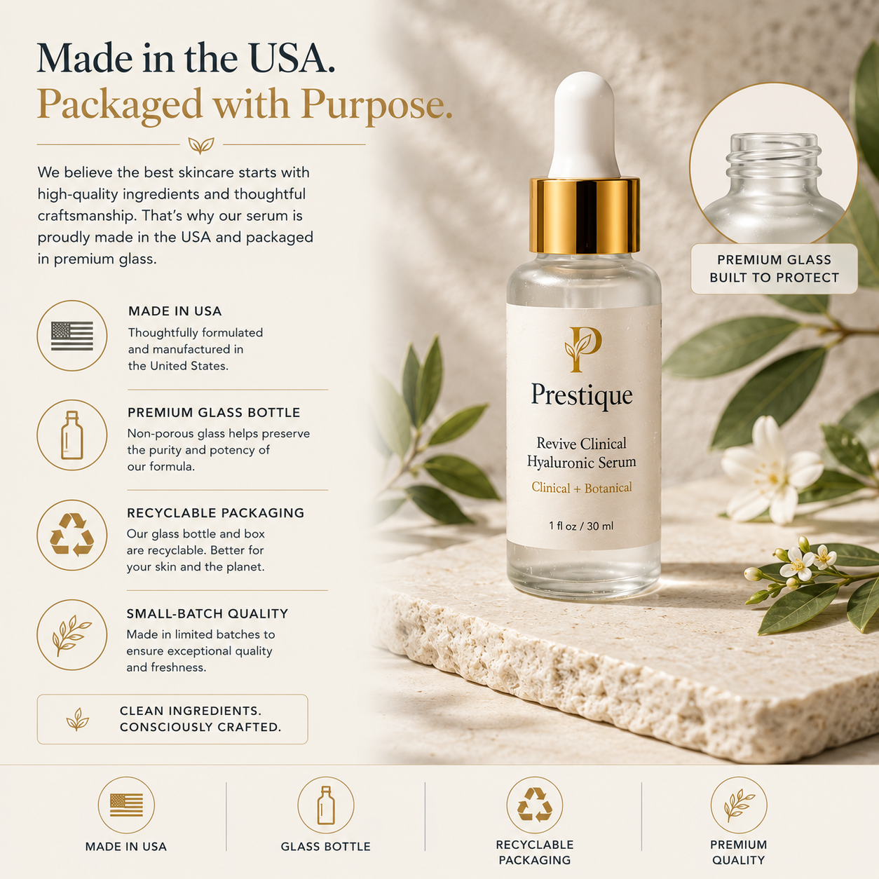 Prestique serum bottle in premium glass with made in USA and packaging callouts