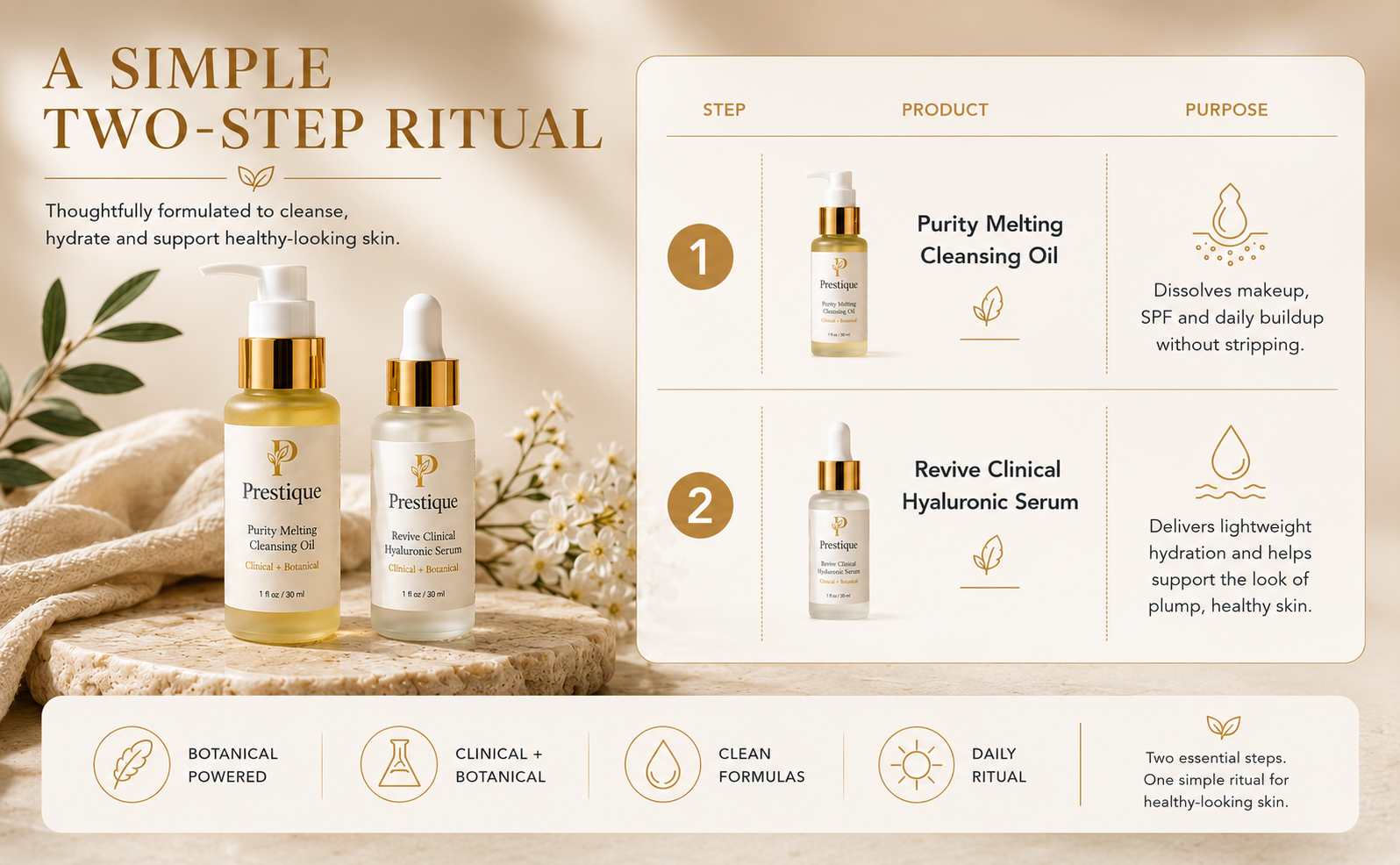 Prestique Purity Melting Cleansing Oil and Revive Clinical Hyaluronic Serum on warm stone with botanicals